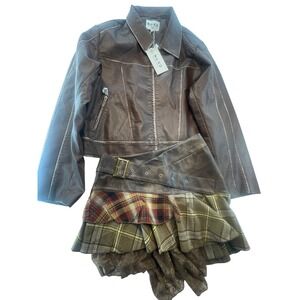 NA-KD Washed Out Detailed Faux‎ Leather Jacket Brown Moto Biker EU 38 and Skirt